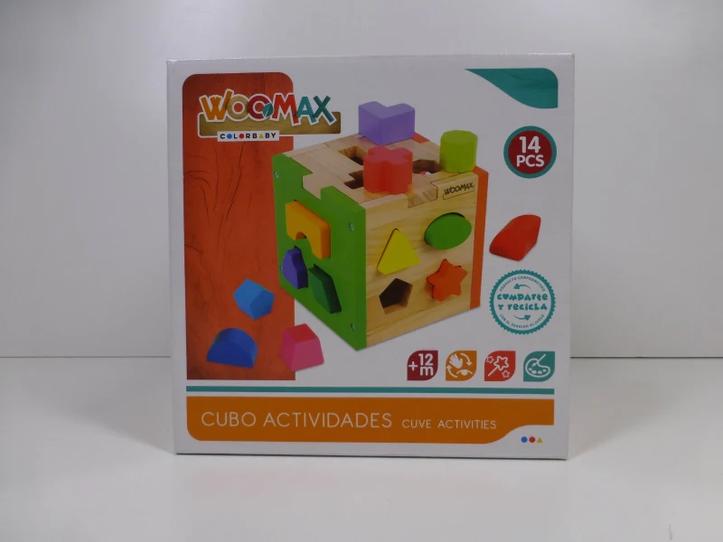 Cubo de Actividades de Madera 14 Figuras 15x15x15 Cm, Multicolor