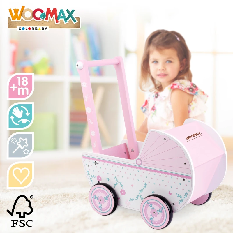 Carrito de Muñecas de Madera WOOMAX, Apto para Muñecas 30-40 Cm, 26x7x42 Cm, Blanco y Rosa