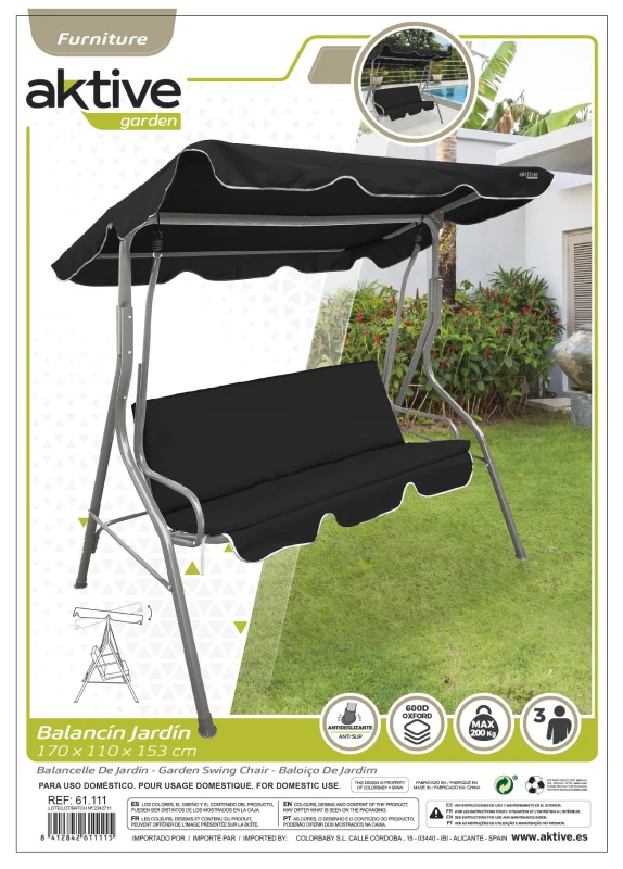 Balancín para Jardín 3 Plazas Toldo Inclinable, 180x107x160 Cm, Negro