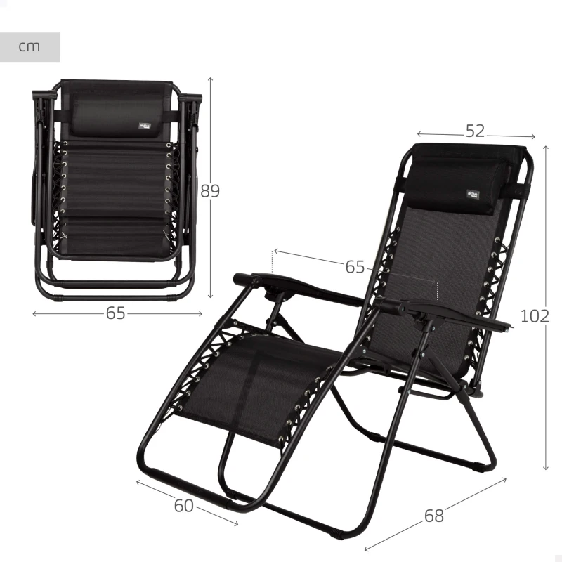 Silla Plegable Gravedad Cero Jardín con Estructura de Acero y Textileno, 86,5x13,5x67 Cm, Negro