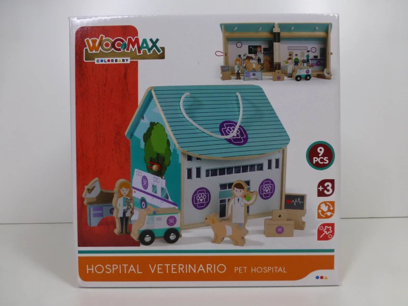 Hospital Veterinario de Madera Maletín Portátil 9 Piezas, 19x19x18 Cm, Natural