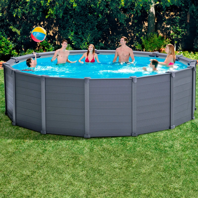 Piscina Desmontable Panel Efecto Madera, 478x124 Cm, Gris Grafito