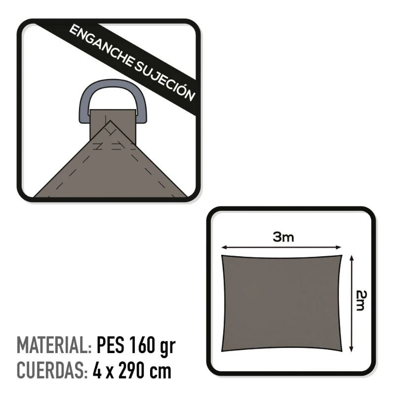 Toldo Vela Rectangular de Poliéster 160 G/m², 200x300x0 Cm, Gris Antracita