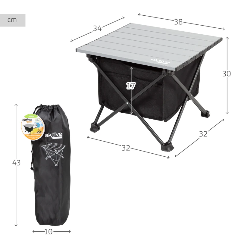 Mesa Auxiliar Plegable Camping con Almacenaje y Bolsillo, 40x35x30 Cm, Gris y Negro