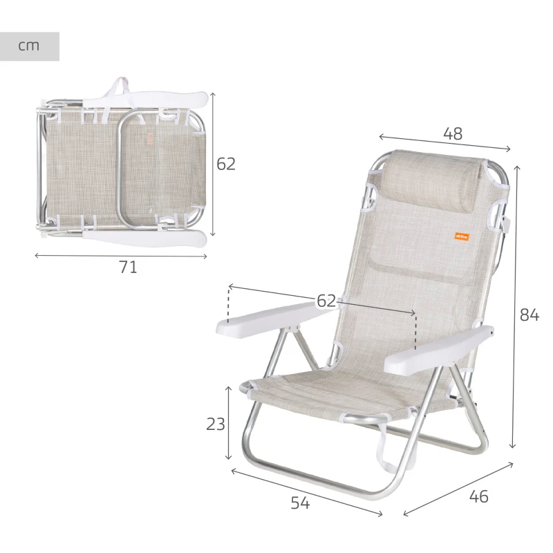 Silla Plegable Multiposición con Cojín, 48x46x84 Cm, Beige