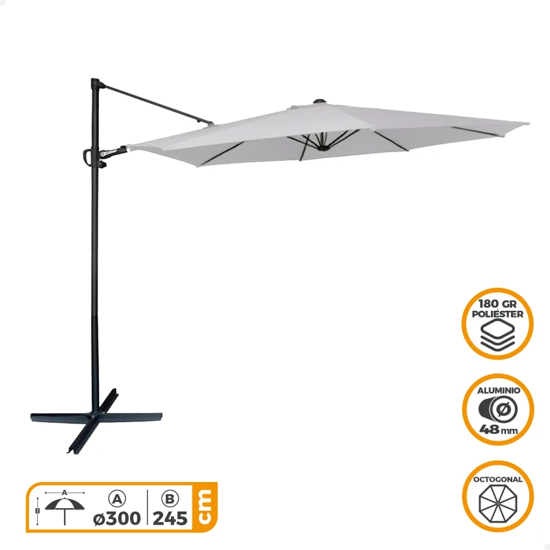 Parasol Excéntrico Mástil Lateral Aluminio, Ø300 Cm, Gris
