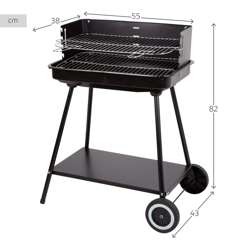 Barbacoa Portátil Carbón Acero Inoxidable Parrilla 4 Alturas, Ruedas y y Asa, 55x43x82 Cm, Negro