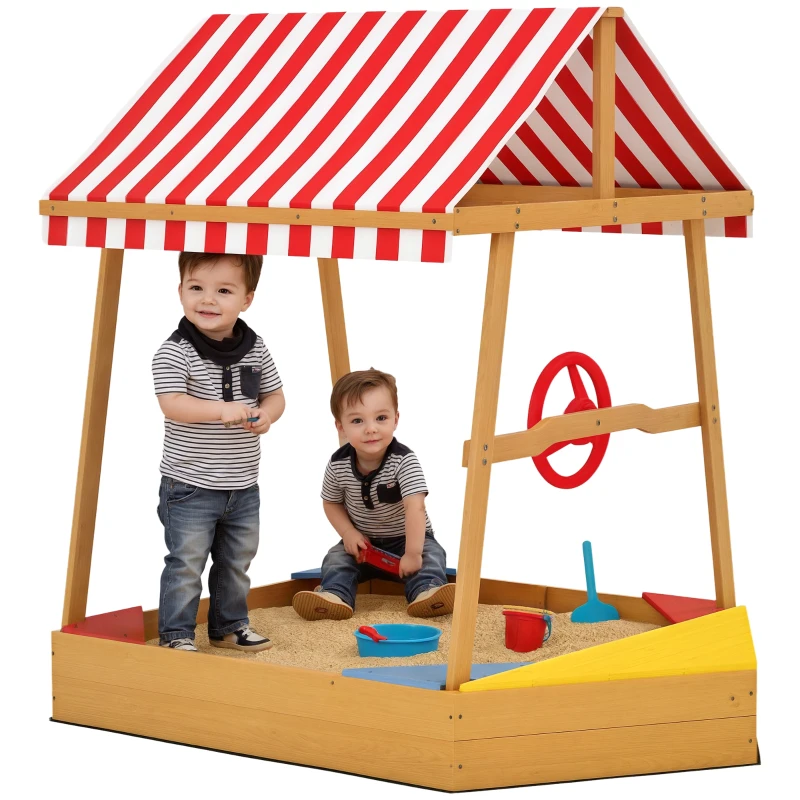 AIYAPLAY Wooden Kids Sandpit Boat Style with Canopy, 4 Seats, Rudder, Bottom Liner, for Children 3-8 Years, Yellow