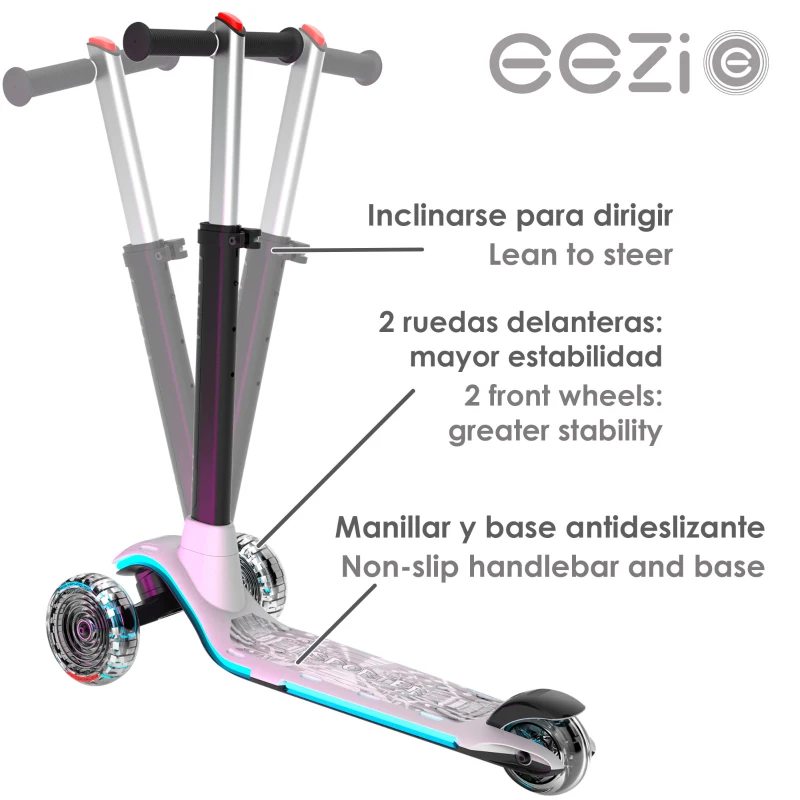 Patinete 3 Ruedas con Luces Personalizables, Manillar Regulable, 29x60,5x66,5-76,5 Cm, Blanco