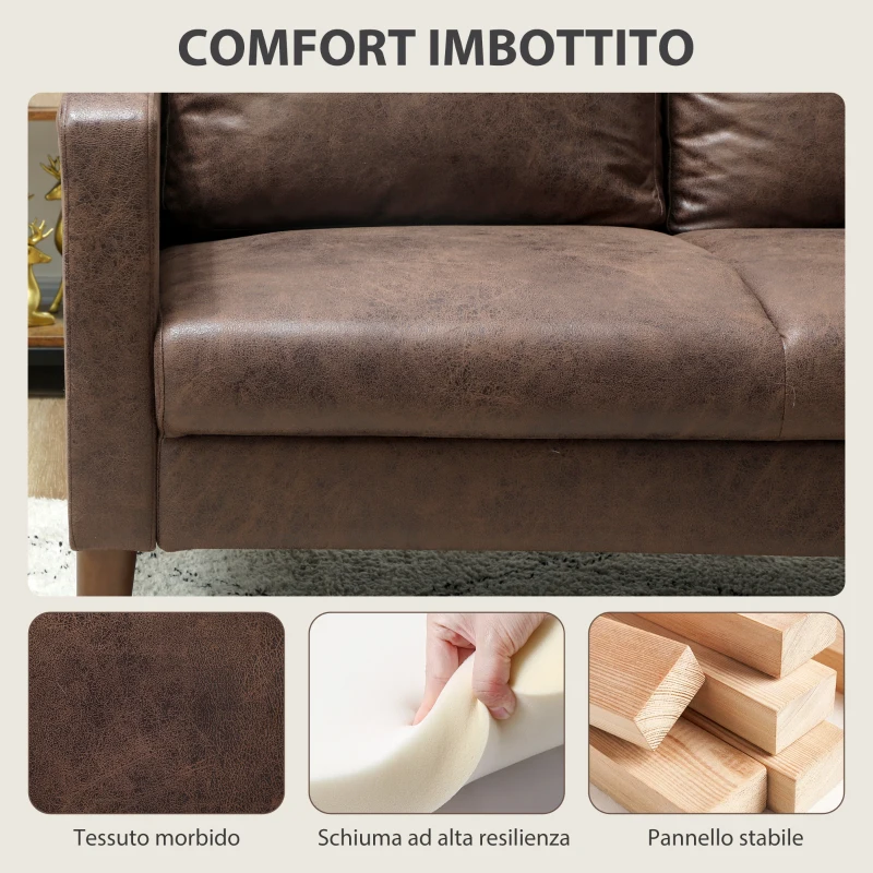 HOMCOM Divano 2 Posti Moderno con Rivestimento in Tessuto Effetto Pelle Traspirante e Gambe in Legno, 130x78x85 cm, Marrone Scuro