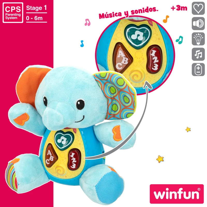 Peluche Elefante Educativo Que Habla con Luces y Sonidos, 16,5x9x16,5 Cm, Azul