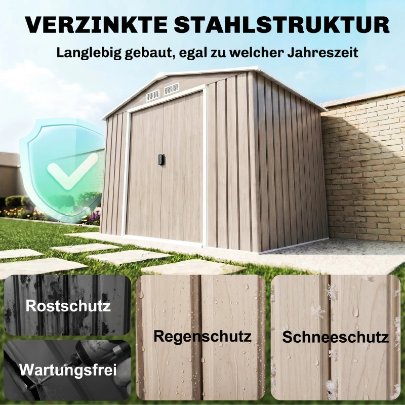 Outsunny Căsuță de Grădină din Metal cu Guri de Aerisire și Uși Duble Culisante, 2,1x1,3m, Maro Deschis(m-4)