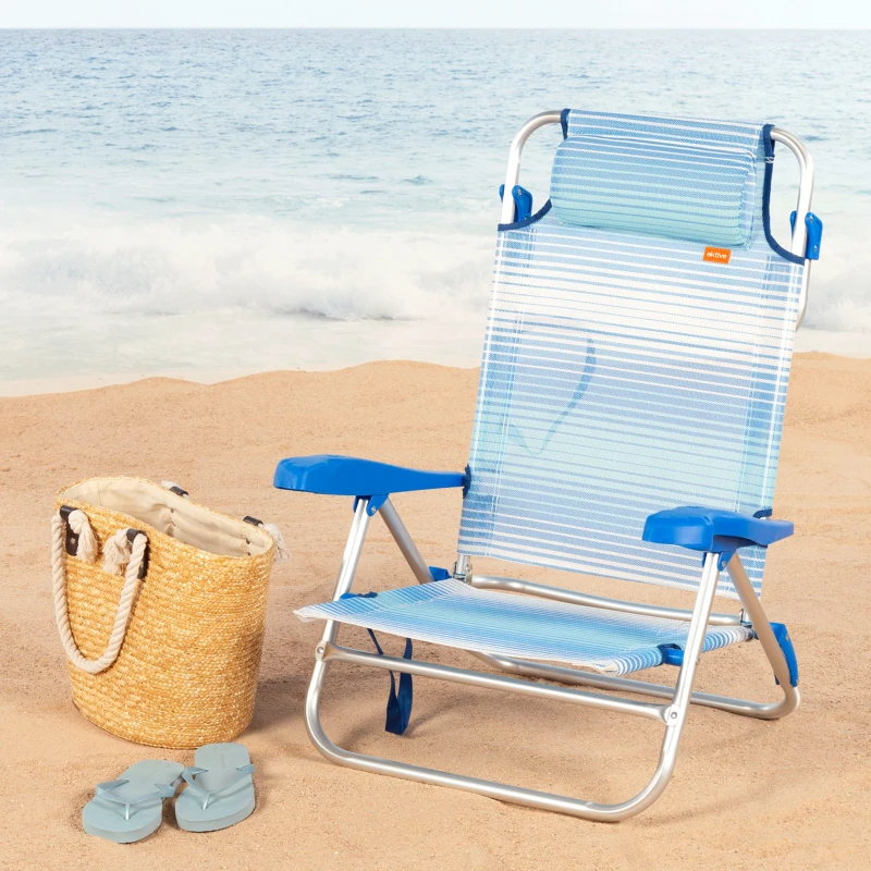 Silla de Playa Plegable Reclinable 8 Posiciones Cojín Acolchado, 74x12x65 Cm, Azul