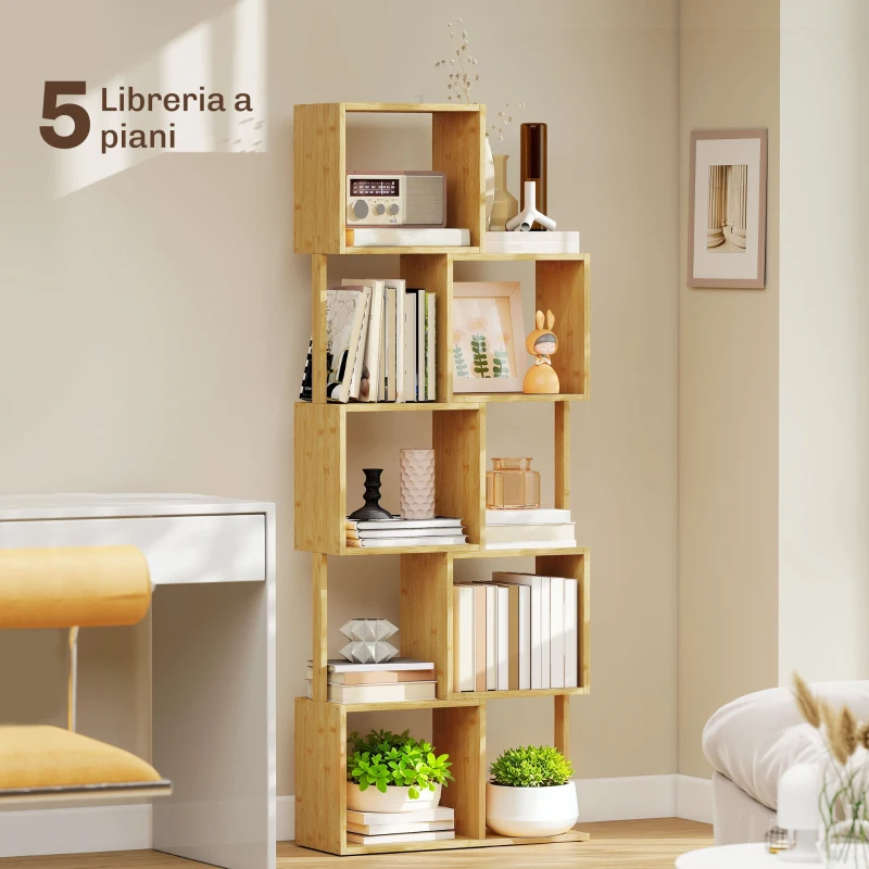 HOMCOM Libreria Moderna Asimmetrica a 5 Livelli in Bambù, 62.5 x 23 x 165 cm, Colore Legno Naturale