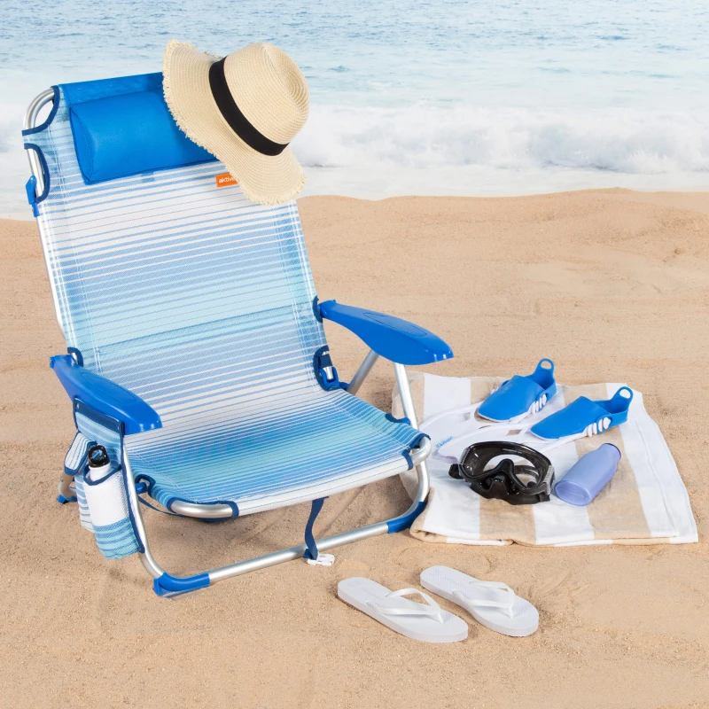 Silla Baja de Playa Plegable Reclinable 4 Posiciones con Cojín y Bolsillo, 64x11x64 Cm, Azul a Rayas