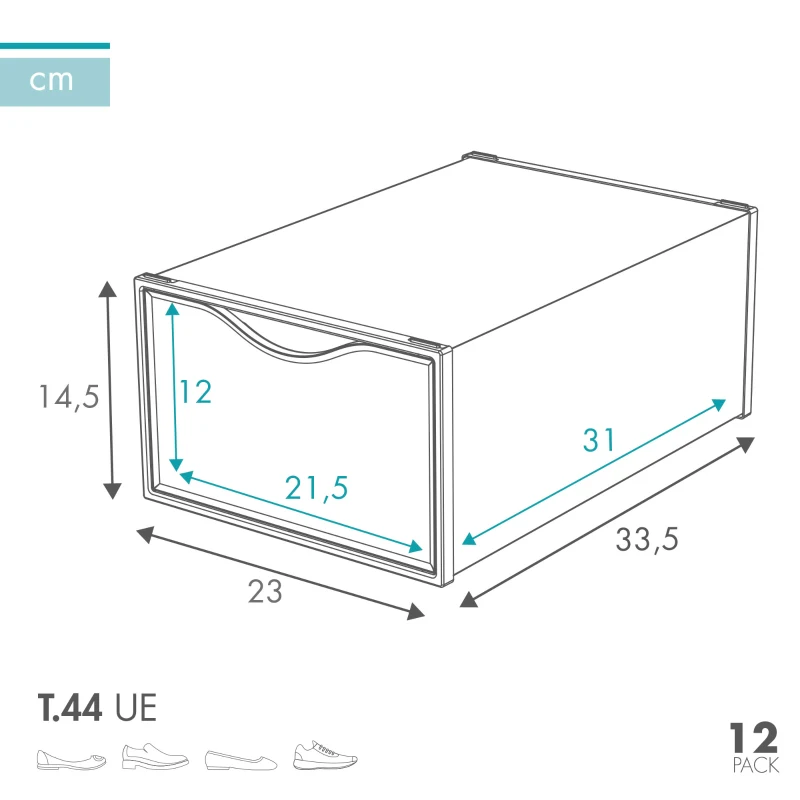 Pack 12 Cajas para Zapatos Apilables Antivuelco, 23x33,5x14,5 Cm, Blanco Semitransparente
