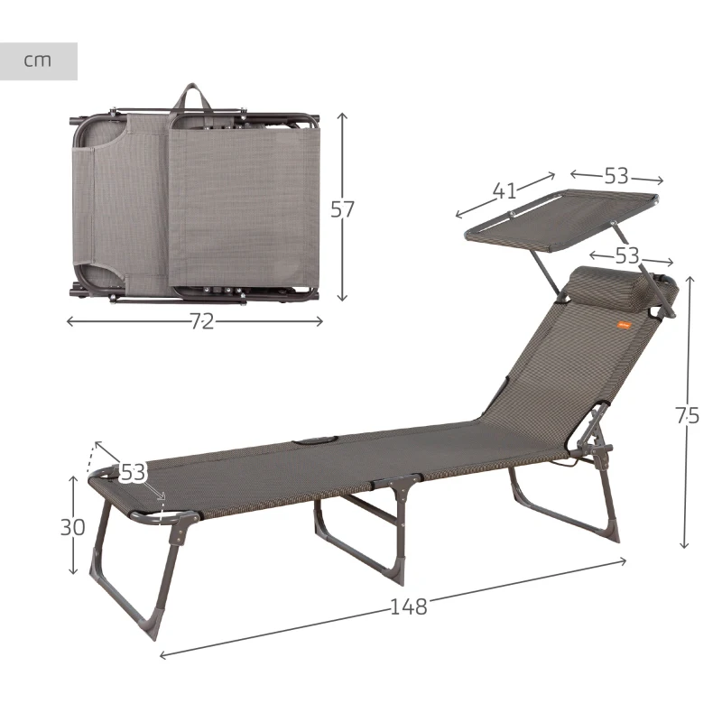 Tumbona Plegable de Playa con Parasol y Cojín Acolchado, 193x53x30 Cm, Gris