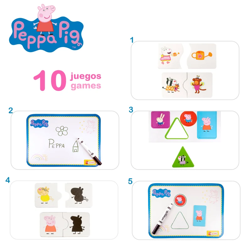 Mesa Infantil Peppa Pig con Pizarra, 10 Juegos Educativos y Almacenamiento, 59x13x39 Cm, Rosa y Azul