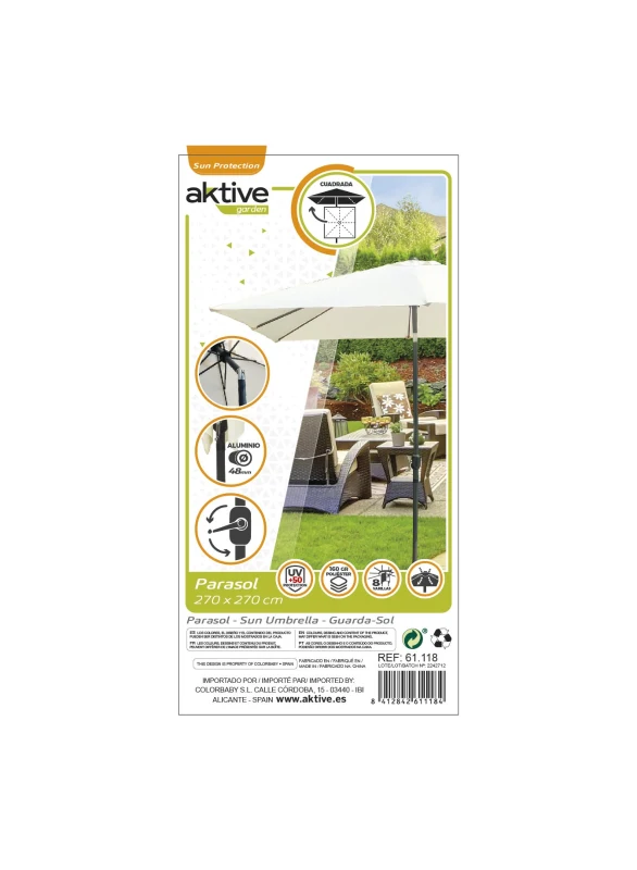Sombrilla para Jardín Cuadrada Inclinable Protección UV50, 270x270x260 Cm, Crema
