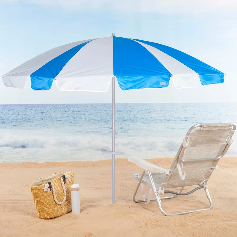 Sombrilla de Playa 8 Varillas UV50 Reclinable 220 Cm, Azul y Blanco