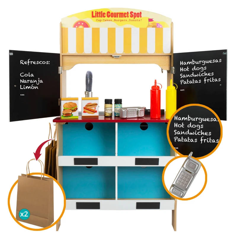 Cocinita Heladería de Madera 2 en 1 con 25 Accesorios, 59,7x39,4x108,6 Cm, Madera Natural