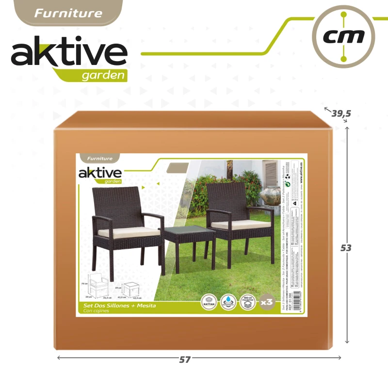 Conjunto Muebles de Jardín 2 Sillones y Mesa con Cojines, 54,5x59x79 Cm, Marrón Oscuro