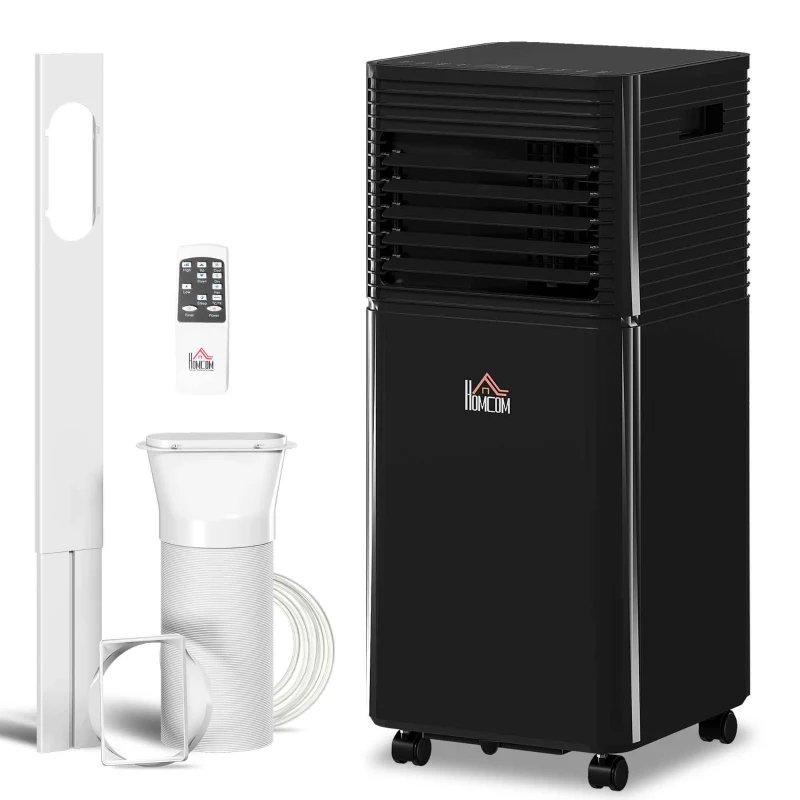 HOMCOM 5000 BTU 4-In-1 Portable Air Conditioner Cooling Dehumidifying Fan for Room up to 18m², with Remote, LED Display, 24H Timer, Wheels, Window Mount Kit, Black