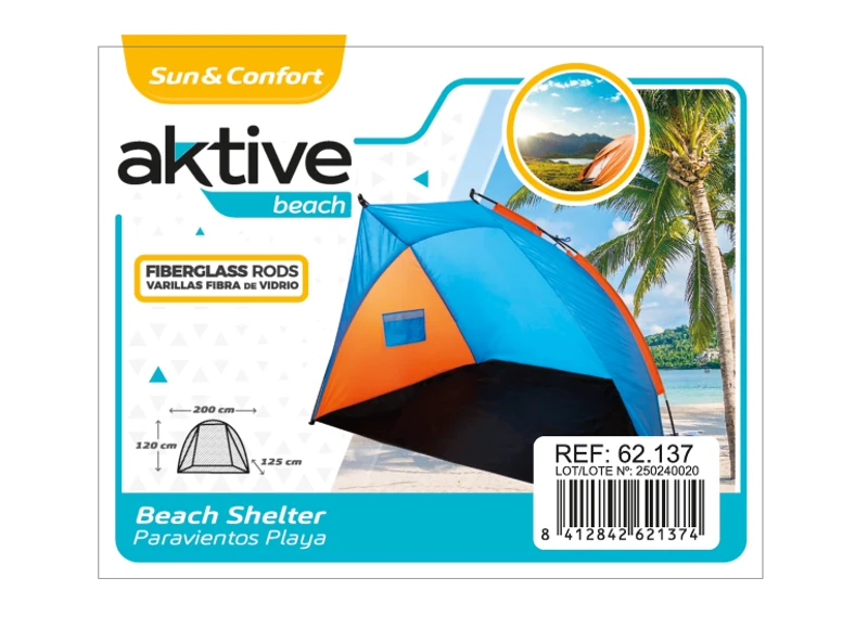 Tienda Paravientos Aktive Impermeable para 3 Personas, 200x125x120 Cm, Azul y Naranja