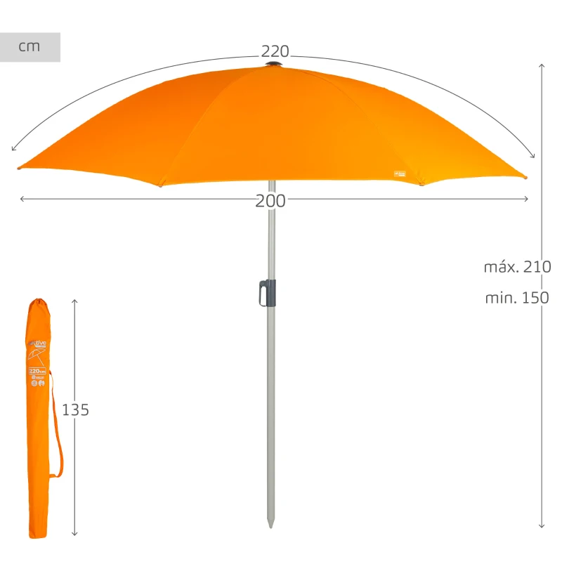 Sombrilla de Playa 8 Varillas Regulable y Reclinable, 220 Cm, Naranja