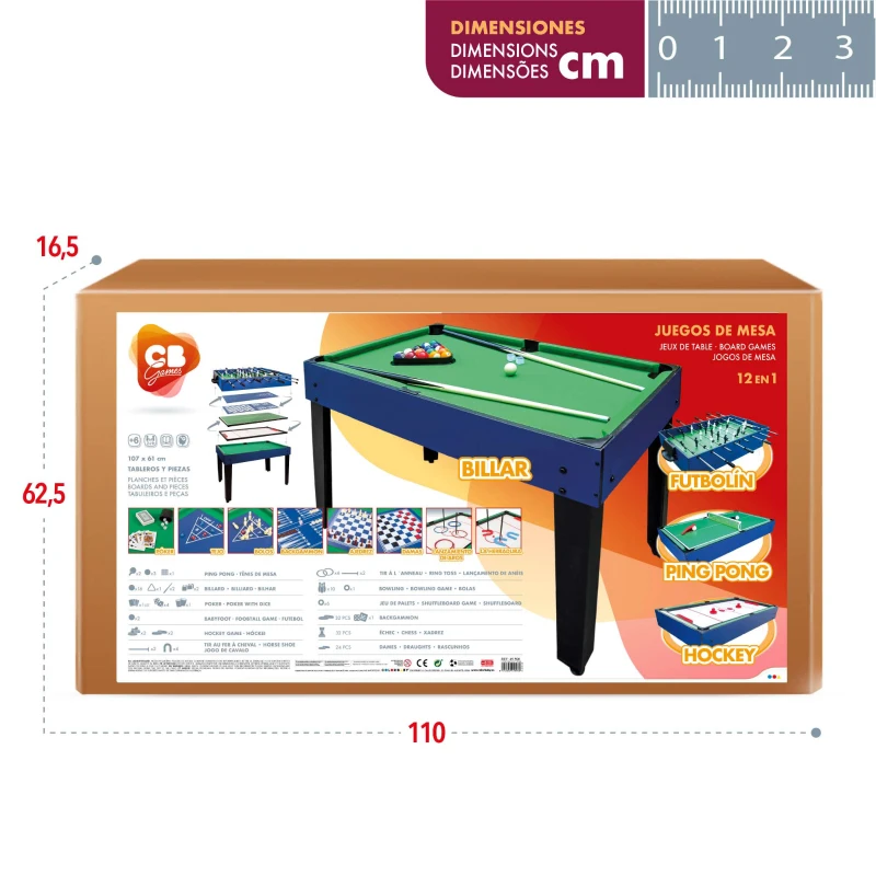 Mesa Multijuegos 12 en 1 con Billar y Futbolín, 104x57,5x69 Cm, Verde