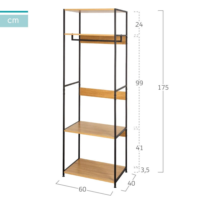 Armario Abierto con Barra Superior y 4 Estantes, 60x40x175 Cm, Negro y Madera