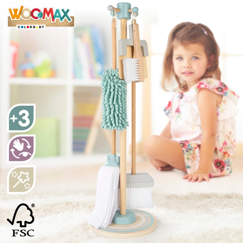 Set de Limpieza Infantil de Madera WOOMAX con Soporte, 23,5x23,5x75 Cm, Azul, Gris y Madera