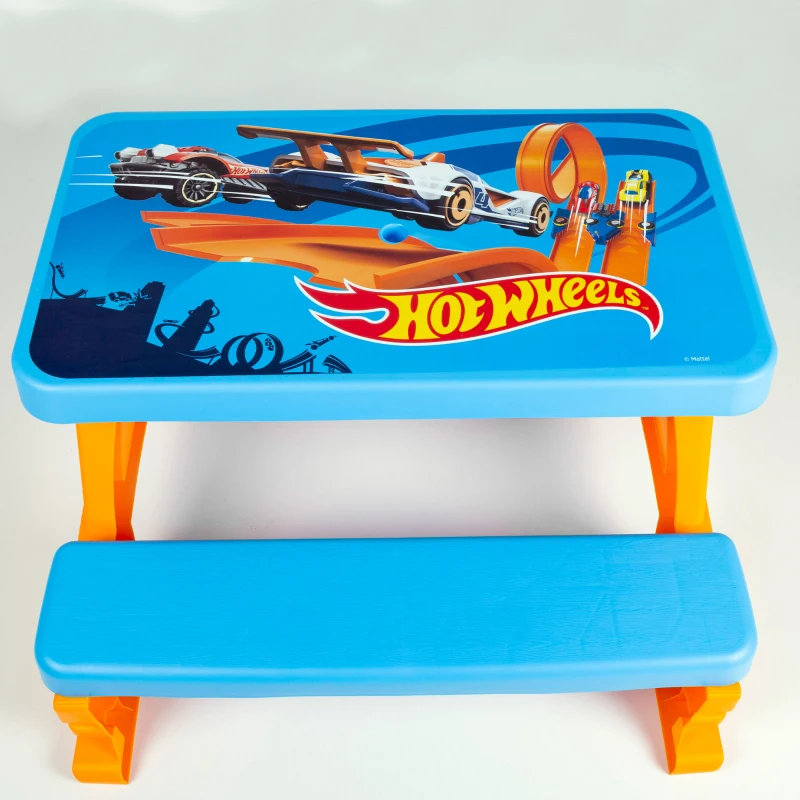 Mesa de Picnic Infantil Hot Wheels con 2 Banquetas Integradas, 69x79x42 Cm, Azul y Naranja