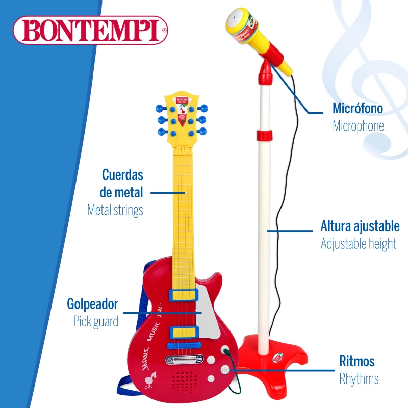 Guitarra Eléctrica Infantil Bontempi con Micrófono y Altavoz, 30x5,5x63 Cm, Rojo y Amarillo