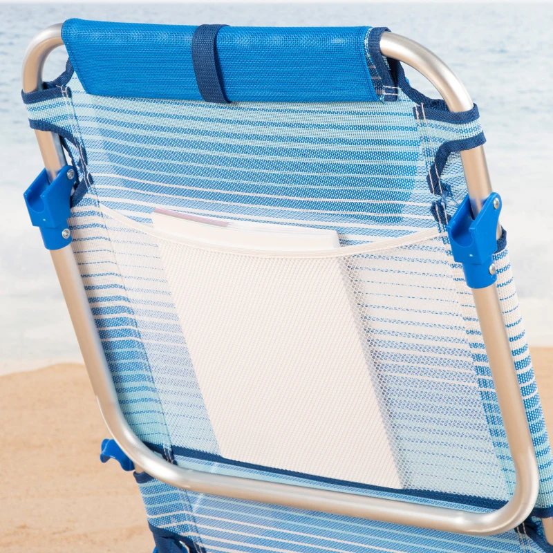 Silla Baja de Playa Plegable Reclinable 4 Posiciones con Cojín y Bolsillo, 64x11x64 Cm, Azul a Rayas