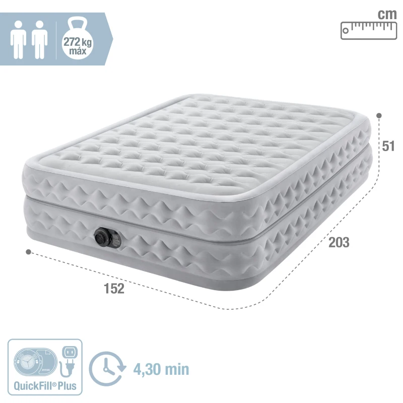 Colchón Hinchable Doble Supreme Air-Flow Fiber-Tech, 152x203x51 Cm, Gris