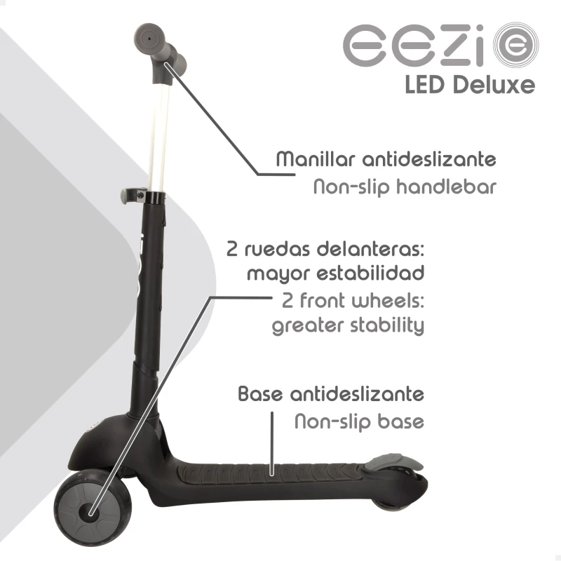 Patinete 3 Ruedas Infantil Plegable con Ruedas Luminosas, 30x61,5x64-78 Cm, Negro