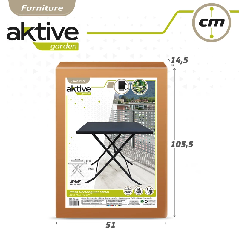 Mesa Cuadrada Plegable Aktive Estructura Metálica Resistente, 70x50x70 Cm, Negro