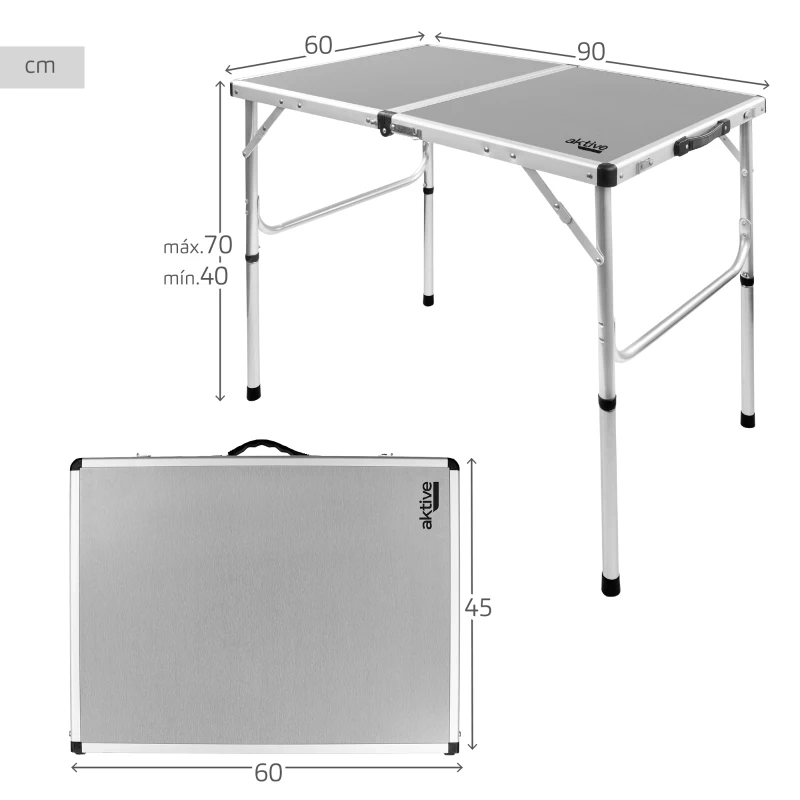 Mesa Plegable Camping Aktive Ajustable 90x60x40/70 Cm, Gris