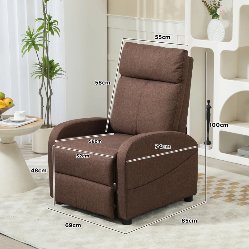 HOMCOM Fotoliu Relax Rabatabil cu Suport pentru Picioare, din Material Textil cu Aspect de In, 69x85x100 cm, Maro