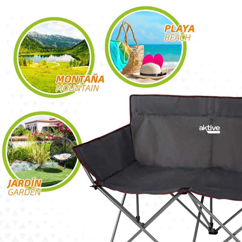 Silla de Camping Doble Plegable con Estructura de Acero, 107x63x88 Cm, Negro