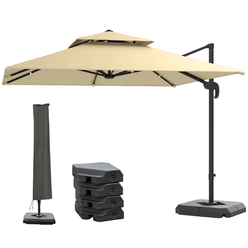Outsunny 2.7 x 2.7 m Cantilever Parasol with Aluminium Frame, Crank and Tilt, 360-Degree Rotation, Double Top Garden Umbrella with Base and Cover, Khaki