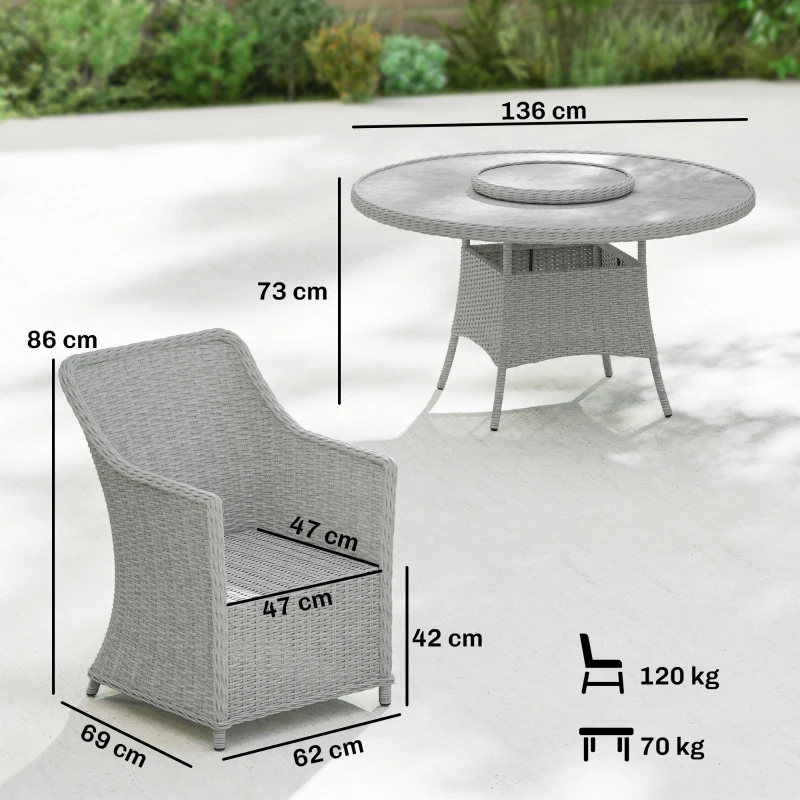 Outsunny Rattan Garden Dining Set with Turntable, Marble Effect Glass Round Garden Table and Chairs with Aluminium Frame, Grey