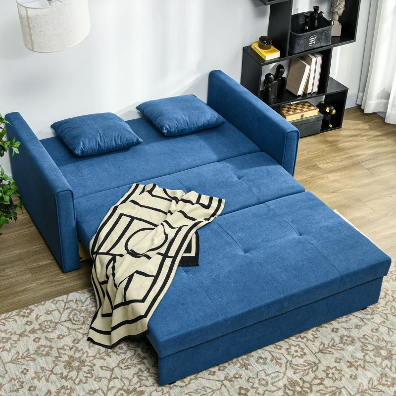 HOMCOM 2 Seater Sofa Bed with Hidden Storage, Pull Out Convertible Bed Settee, Modern Snow Flannel Loveseat Sofa Sleeper with 2 Cushions for Living Room, Guest Room, Deep Blue
