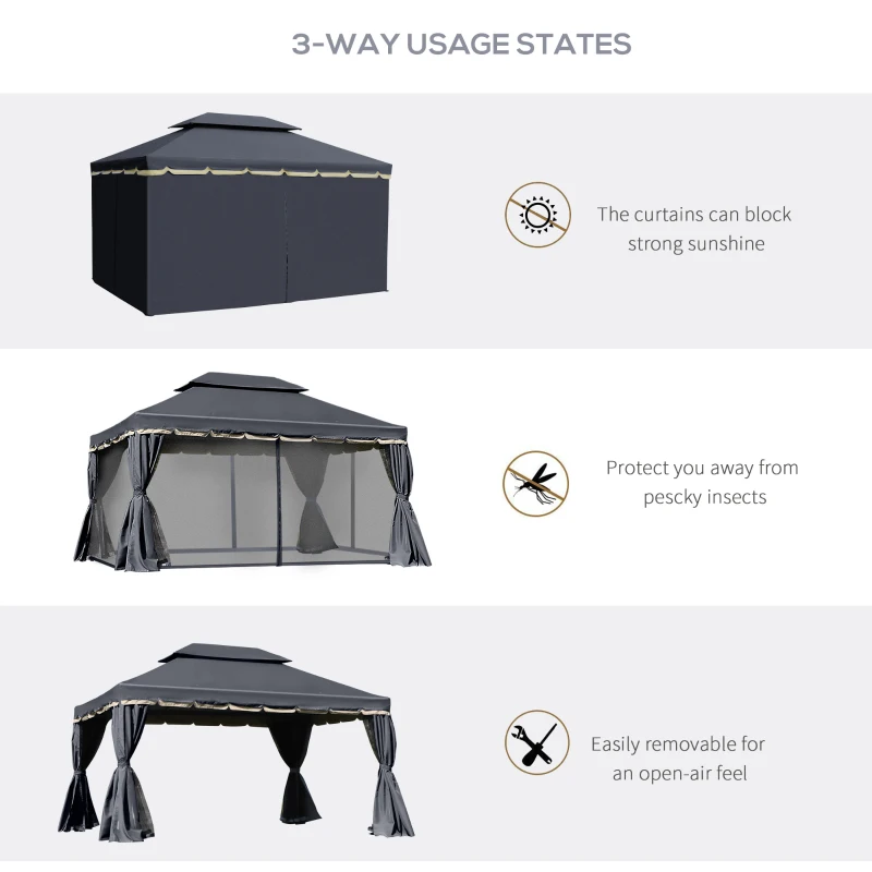 Outsunny 3 x 4m Aluminium Garden Gazebo, Marquee Canopy Shelter Pavilion Party Tent with Nets and Curtains for Garden and Deck, Black