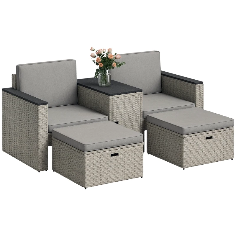 Outsunny 5 Piece Rattan Garden Furniture Set with Storage Table, Footstools, Cushions, Grey