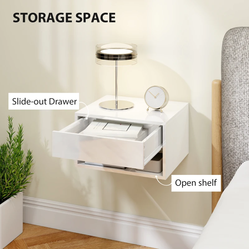 HOMCOM Set of Two Floating Bedside Tables, Wall Mounted Nightstand with Drawer and Open Shelf, High Gloss White