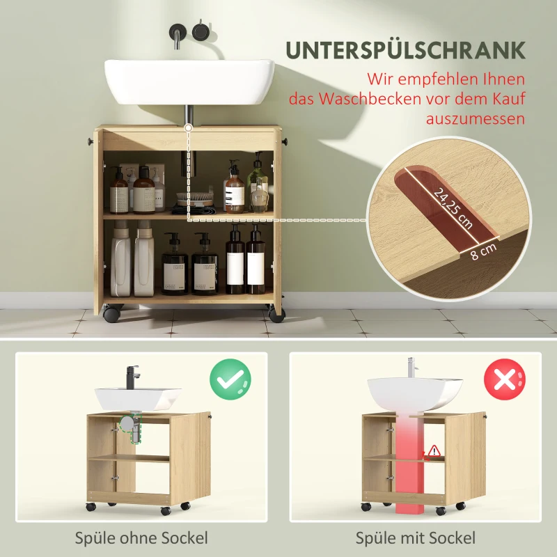 HOMCOM Waschbecken-Unterschrank für Badezimmer, 3-stufiges Regal, Räder, Holz