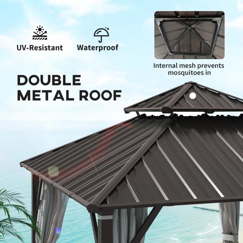 Outsunny 3 x 3(m) Hardtop Gazebo Canopy with Double Metal Roof, Waterproof Permanent Pavilion Garden Gazebo with Netting and Curtains, Easy to Assemble, Beige