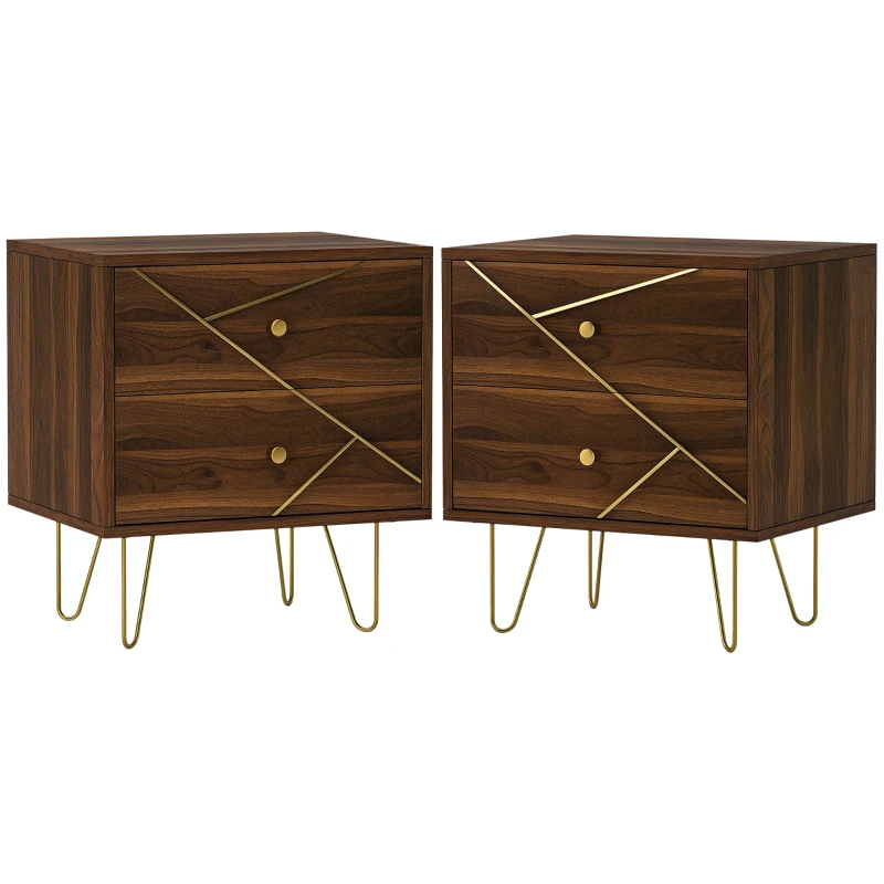 HOMCOM Bedside Tables Set of 2, Modern Side Table Set with 2 Drawers and Steel Hairpin Legs, Nightstand for Bedroom, Brown Wood Grain